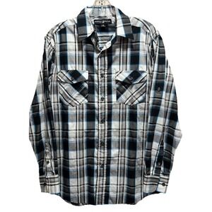 Beverly Hills Polo Club Plaid Blk/Turq Button Up Shirt Size Medium Long Sleeve